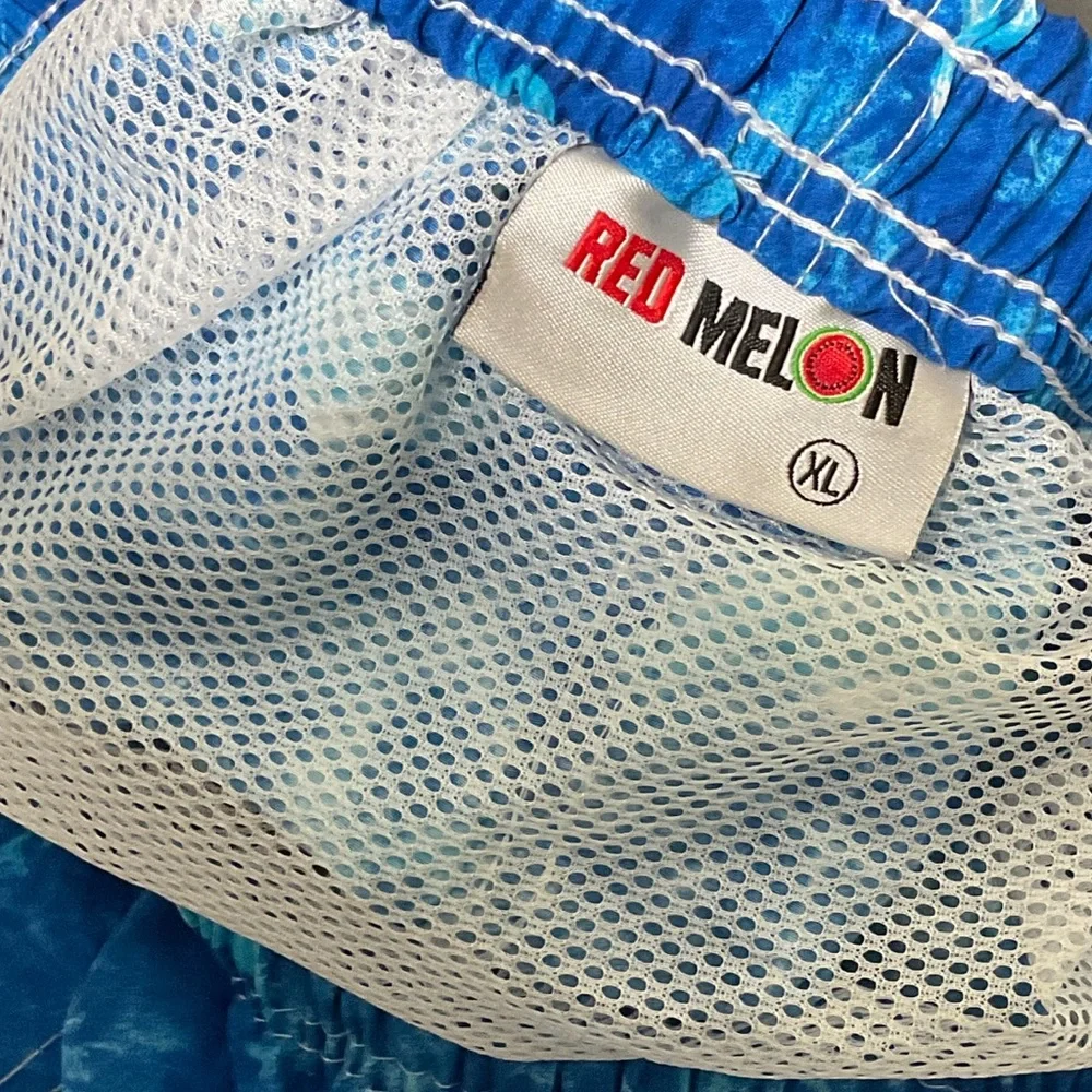 Red Melon Mens XL Mesh Lined Swim Trunks Blue Flamingo Pattern With Pockets